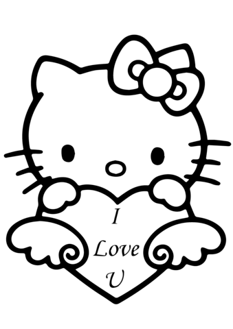 Hello Kitty With  I Love You  Heart Coloring Page